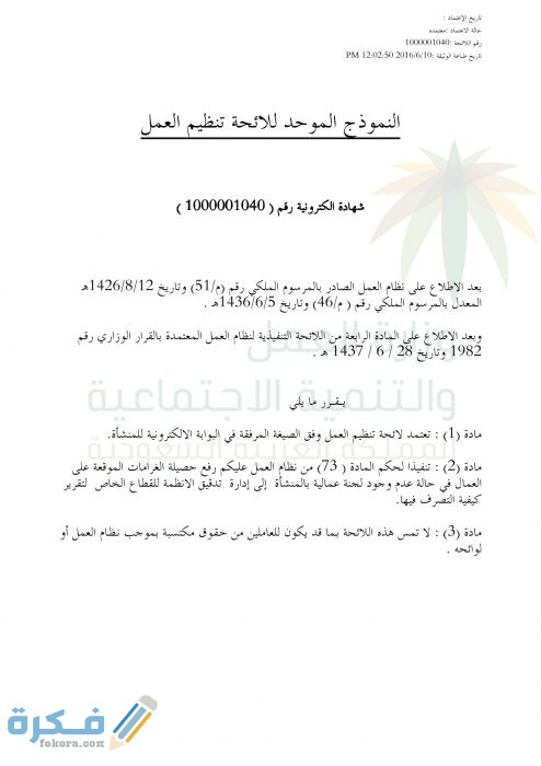 نموذج لائحة تنظيم العمل السعودية 1446 1 1