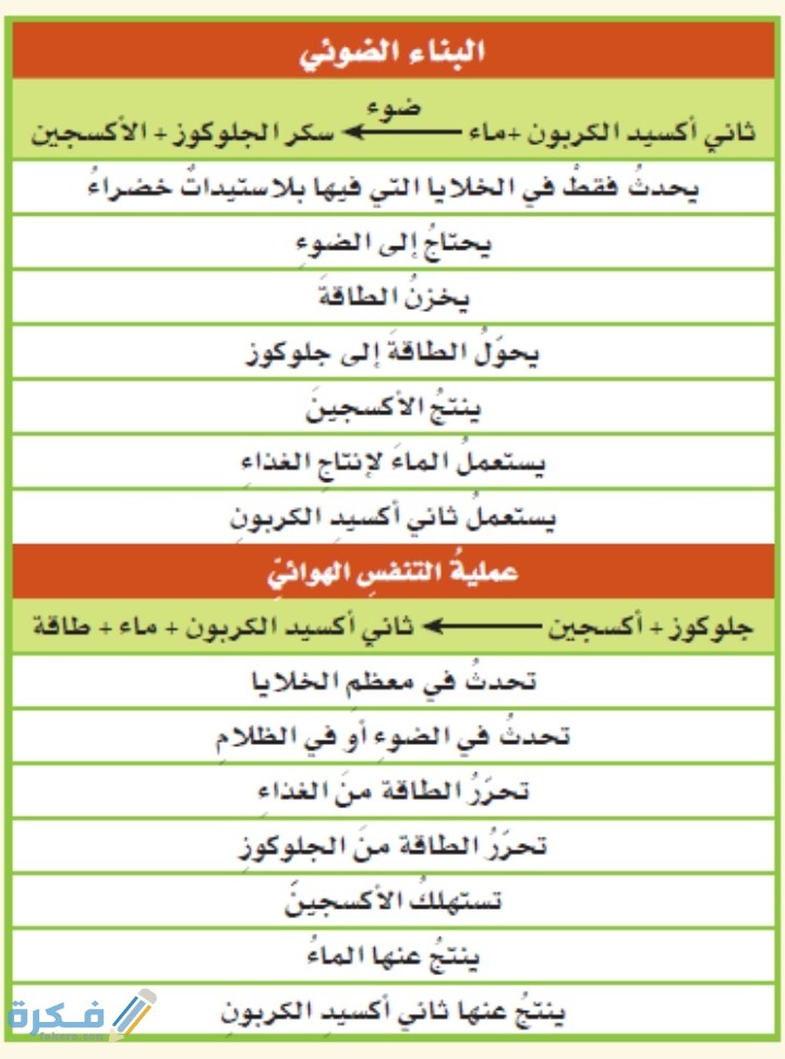 المقارنة بين التنفس الخلوي والبناء الضوئي 1 المقارنة بين التنفس الخلوي والبناء الضوئي