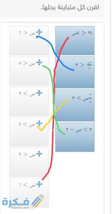 صل الأعمدة التالية بما يقابلها من إجابات مناسبة بحيث تقترن كل متباينة بحلها