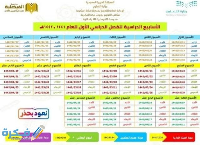 توزيع الأسابيع الدراسية 1443