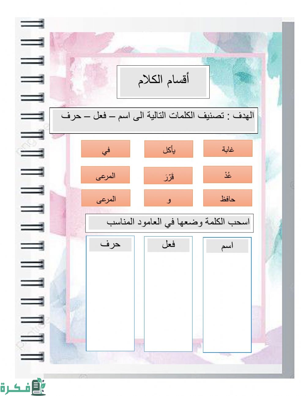 تدريبات على الاسم والفعل والحرف تدريبات على الاسم والفعل والحرف
